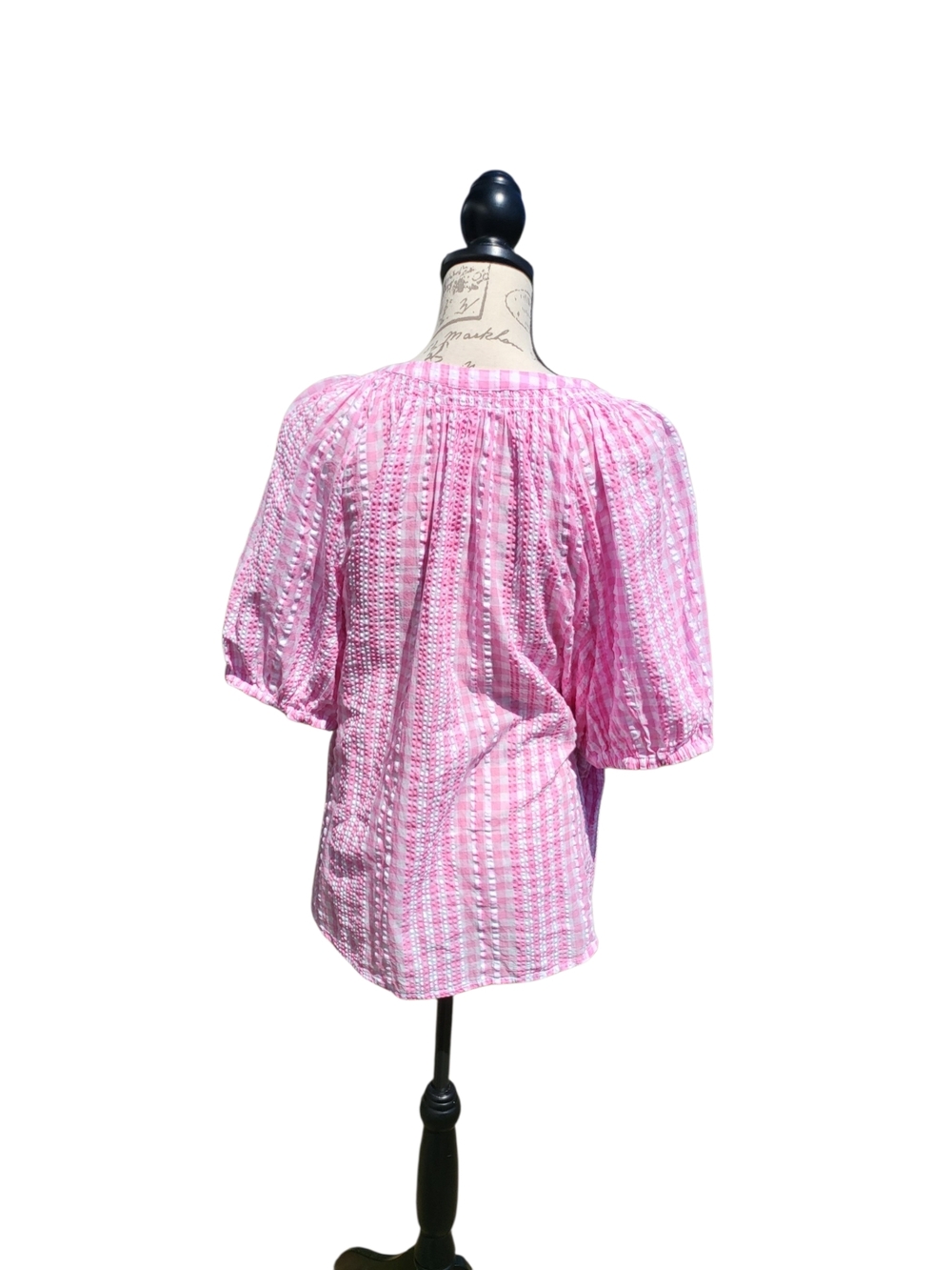 Crown & Ivy 2X Pink White Gingham Textured Cotton Blouse Puff Sleeve Top - Picture 3 of 6